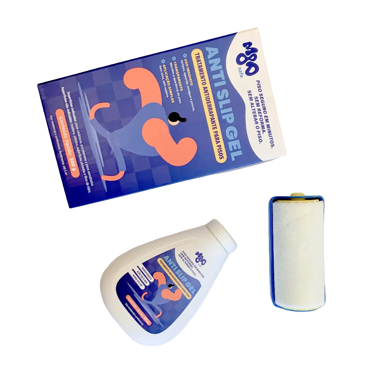 Kit Anti-Slip Gel: caixa, frasco e rolo aplicador